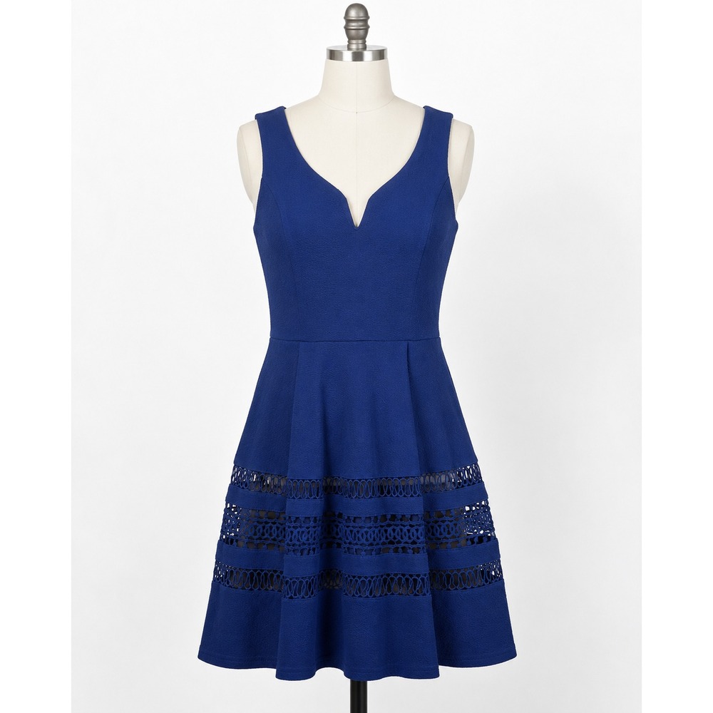Annabella Royal Blue Fit & Flare Dress Notched Neck Crochet Lace‎ Small Cocktail